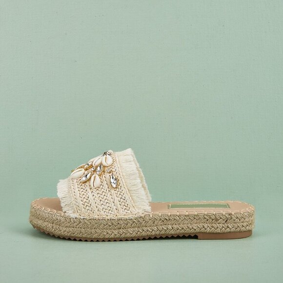 Beige Vacation Women's Rhinestone & Shell Decor Espadrille Sandals - Picture 4 of 4